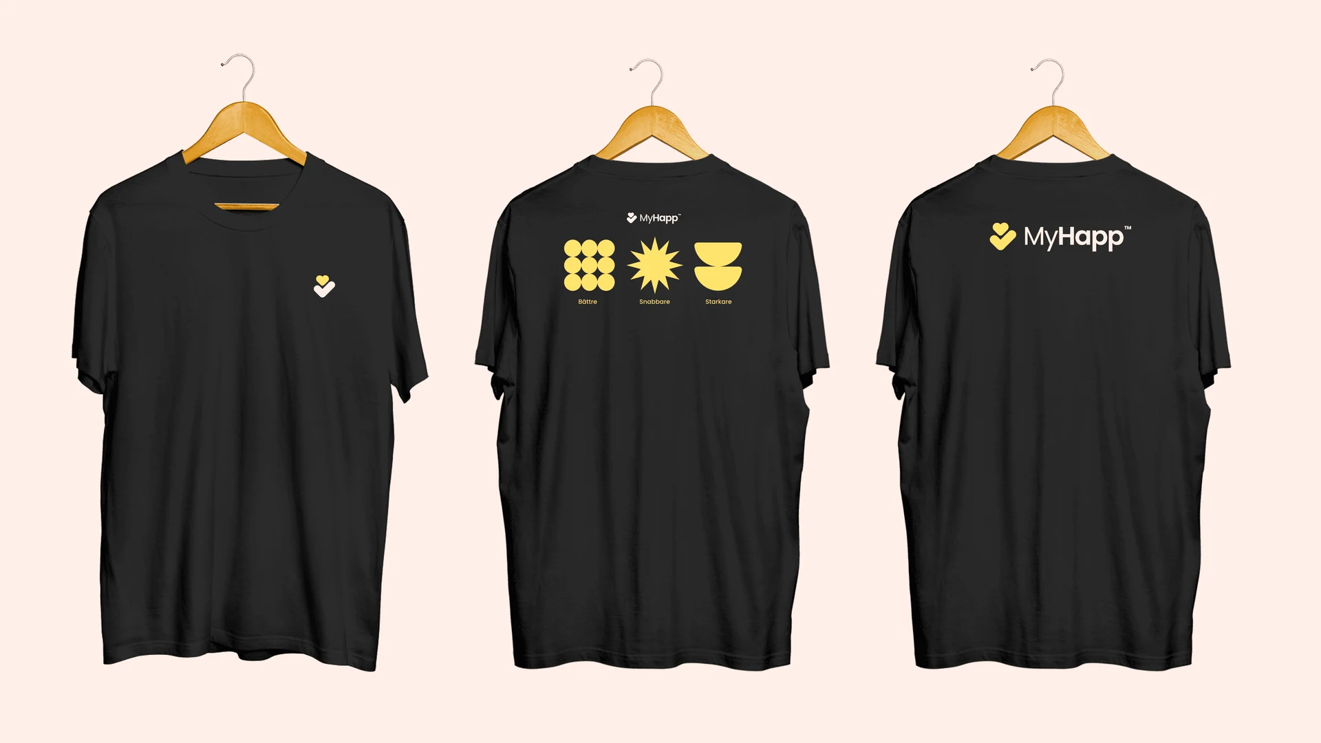 Three black MyHapp T-shirts featuring the logo and yellow graphic motifs