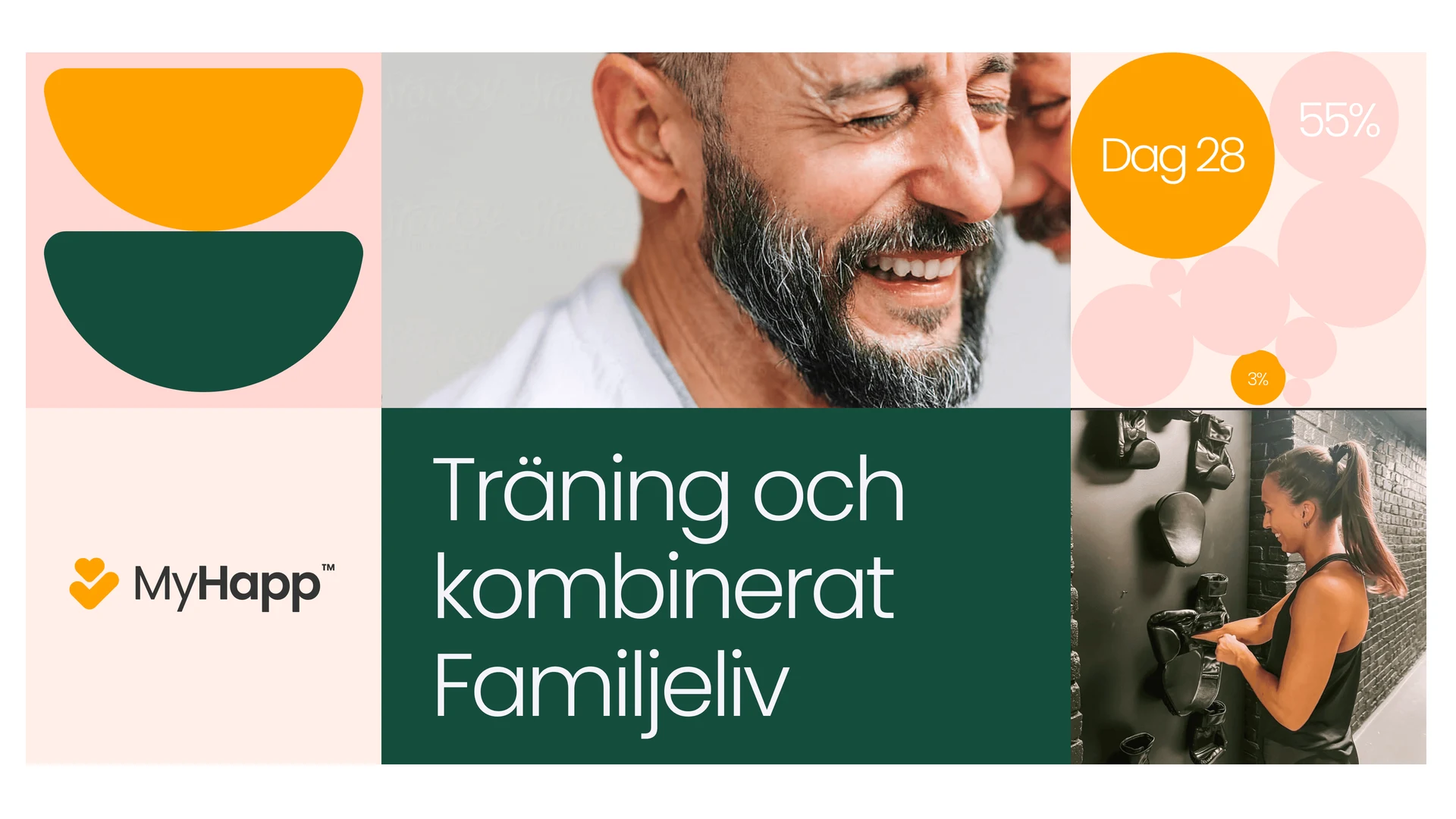 MyHapp brand collage combining fitness photography, Swedish typography, and graphic shapes