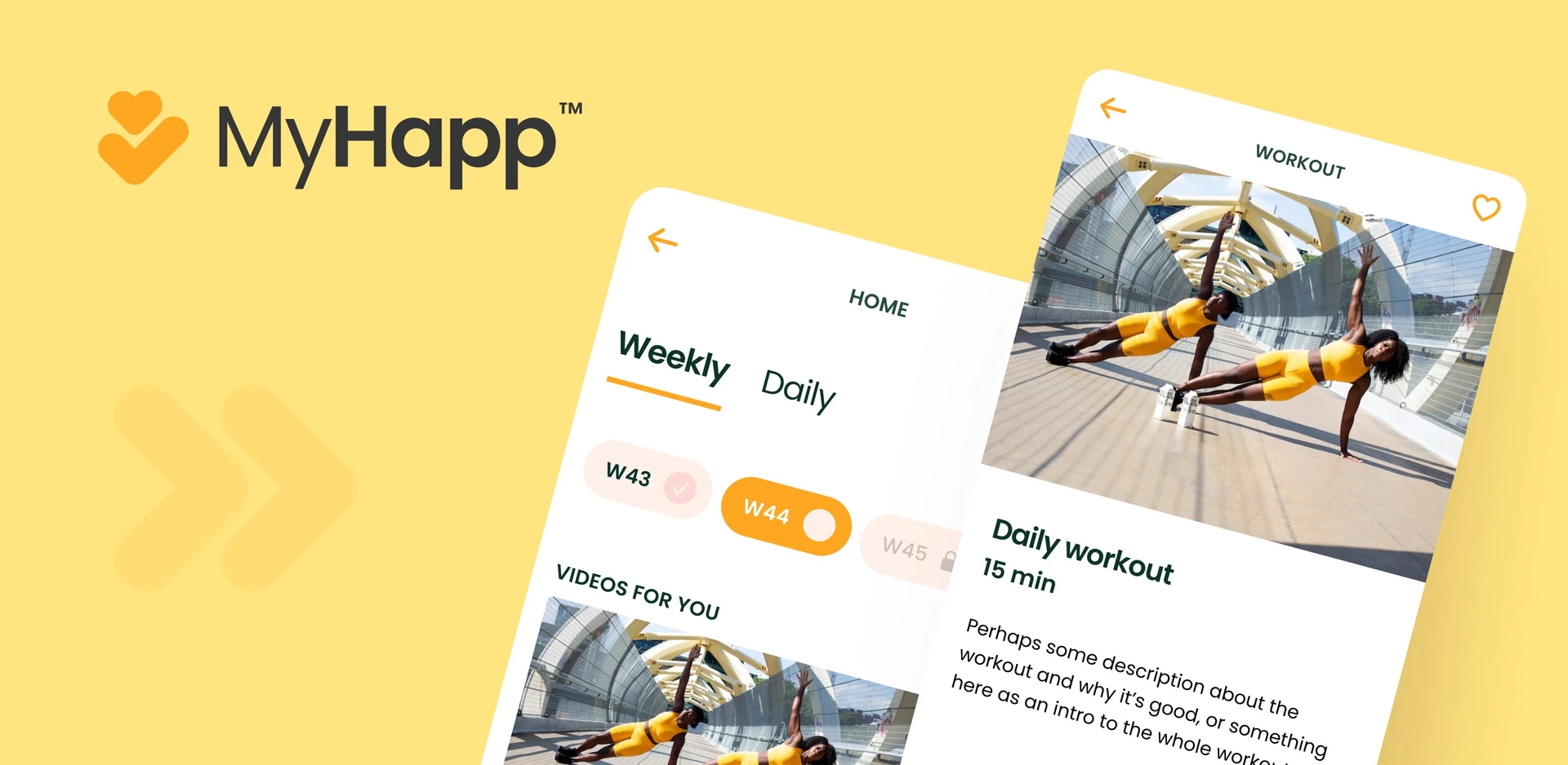 MyHapp identity and mobile app screens on a yellow background