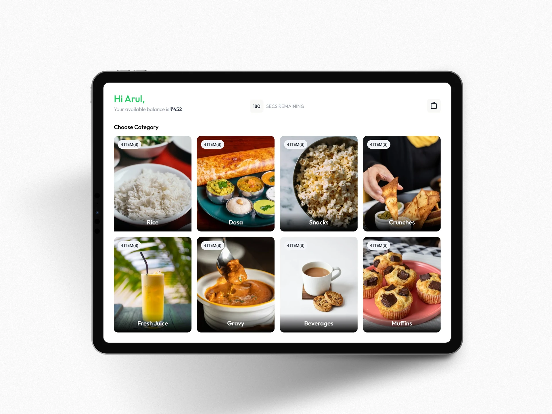 Namma Kitchen tablet home screen with food and drink categories