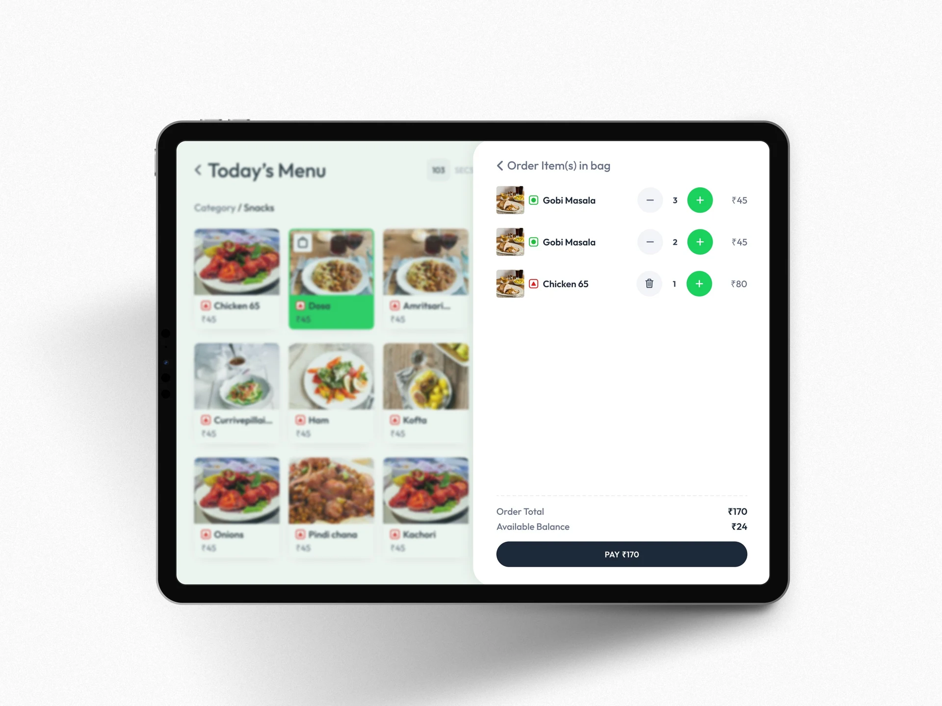 Namma Kitchen cart with item quantities and payment button