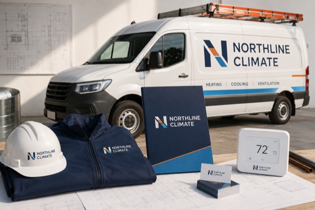 Northline Climate identity applied to an HVAC service van, workwear, hard hat, folder, and thermostat