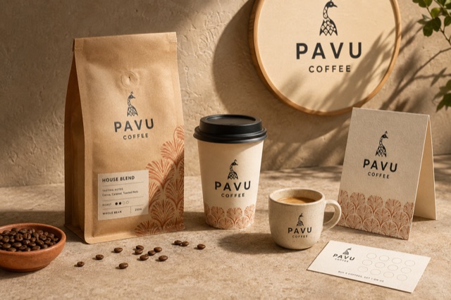 Pavu Coffee identity applied to coffee packaging, cups, menus, and loyalty cards